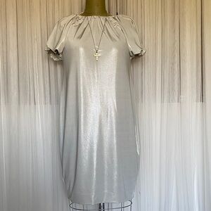 By Malene Birger Shimmering Silver Midi Dress Puff Short Sleeves Holiday Party